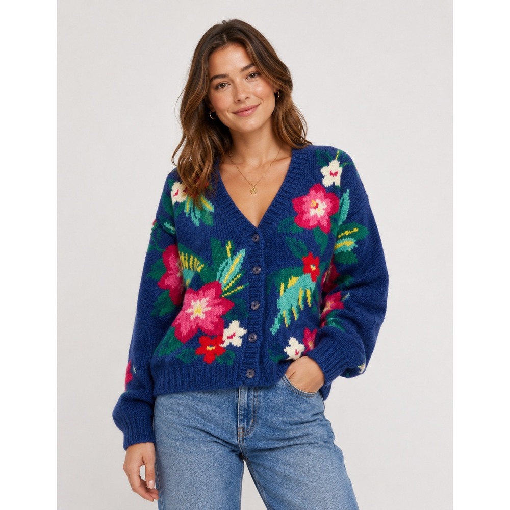 Vintage Izod Hand Knitted Floral Cardigan Sweater Blue Ramie Cotton Womens M
